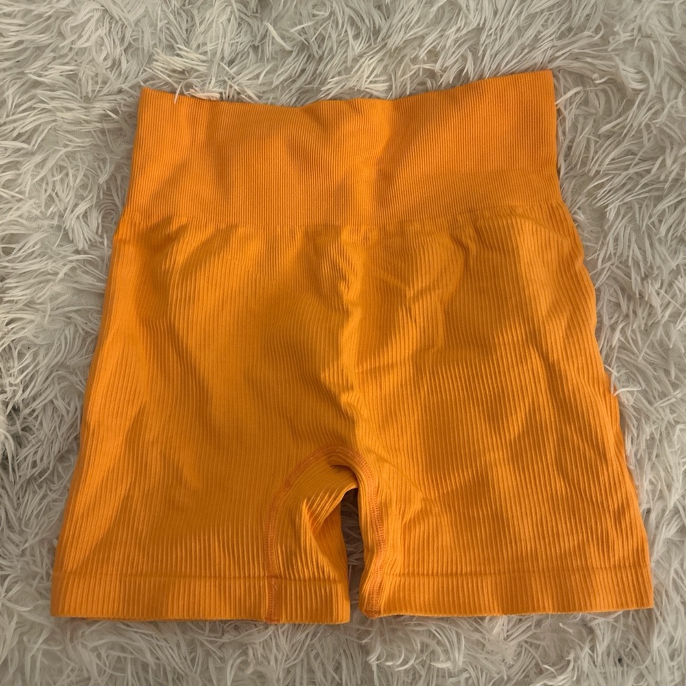 Bright Orange Ribbed High-Waisted Shorts